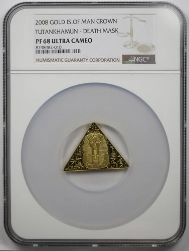 2008 Gold Isle of Man Crown PF 68 Ultra Cam NGC Tutankhamun Death Mask Triangle