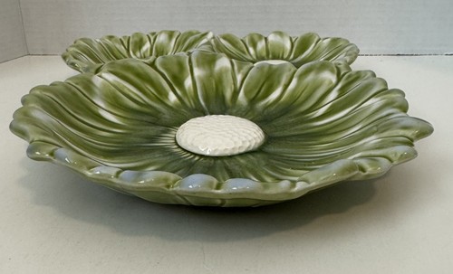 Vtg Floral Platter Dish Santa Anita Ware Calif USA Pottery Green Triple Daisy - Picture 8 of 13