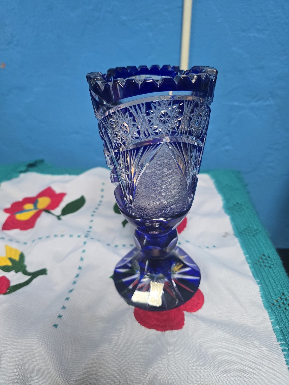 Vintage Bohemian  Cobalt  Blue Base cut to clear crystal glass vase