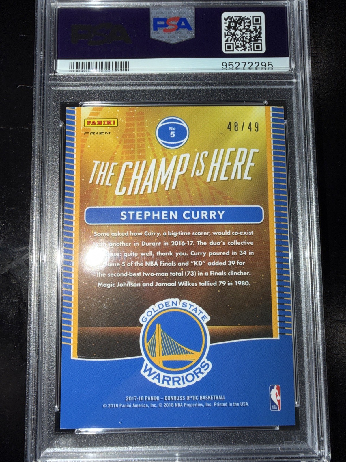 2017 Donruss Optic The Champ Is Here Blue Prizm #5 Stephen Curry 48/49 PSA 8 view 3