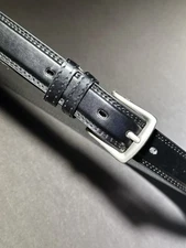 Genuine Blk Leather Mens Belt Brushed Silver Buckle/top Stitching Sz M NNT