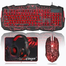 Gaming Keyboard and Headset Combo, USB Wired LED Backlit, 114 Keys, Red Light