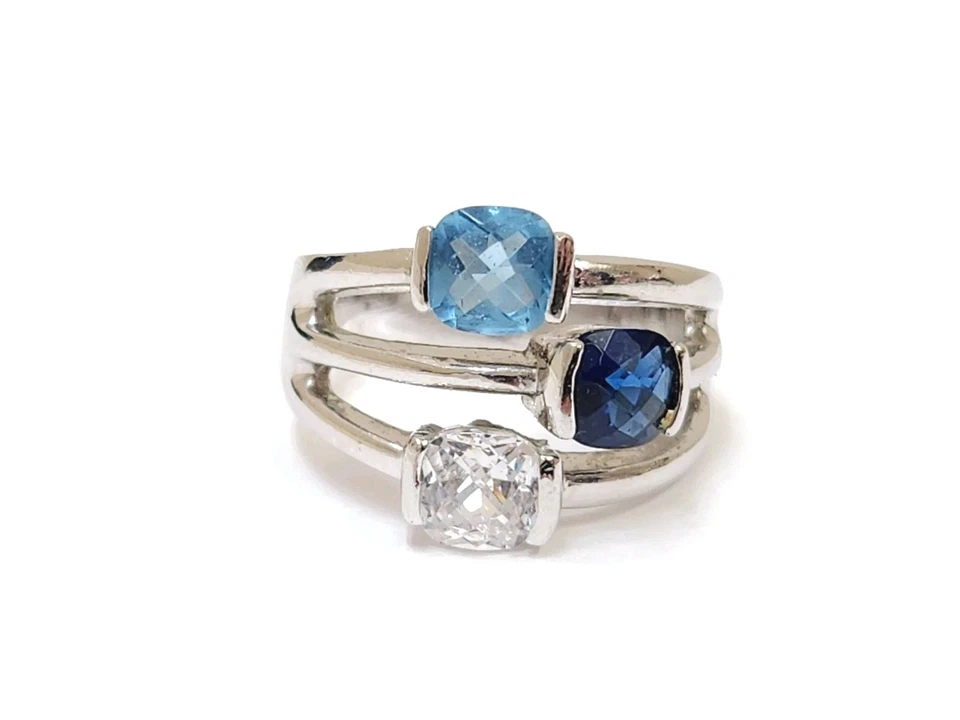 Silver Lia Sophia Signed Diamond Sapphire Aquamarine Cushion Cocktail Ring S8.75 - Image 2 of 4