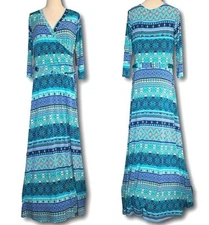 JEAN-PIERRE KLIFA Slinky Maxi Dress Surplice Faux Wrap 3/4 Slv Sz L NWT