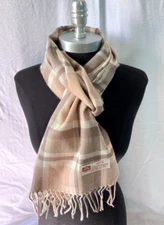 100% CASHMERE SCARF Check Plaid Tan/Khaki/Cream Made in England Warm Wool #L101