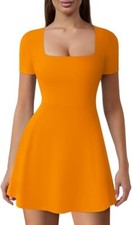 Women's Casual Athletic Short Sleeve Square Neck Dress with Shorts SMALL Orange