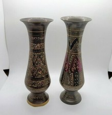 (2) Vintage Solid Brass Black Gold Colorful Etched Vases India Boho Decor