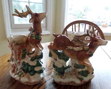 TWO PIECES FRITZ AND FLOYD CHRISTMAS SNOWY WOODS DEER CANDLE HOLDERS