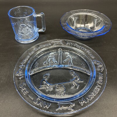 Vintage Childrens Glass Dinnerware Dining Set Nursery Rhyme Cup Mug Plate Bowl