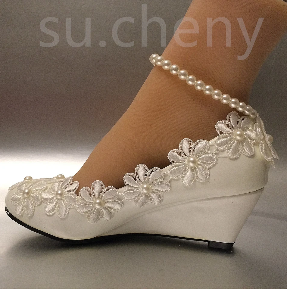 su.cheny White light ivory snow wedges pearls anklet lace Wedding Bridal shoes - Image 4 of 4