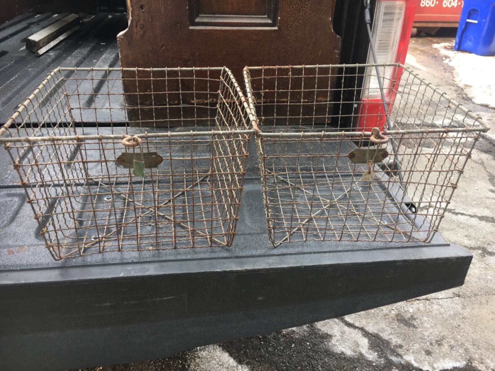 2 salvaged vintage wire gym baskets PA origin 13” x 12” x 7.5 retro