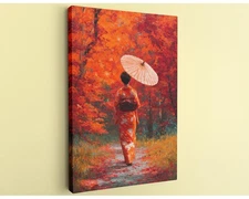 Japanese Kimono Art Autumn Forest Canvas Red Maple Umbrella Wall Decor
