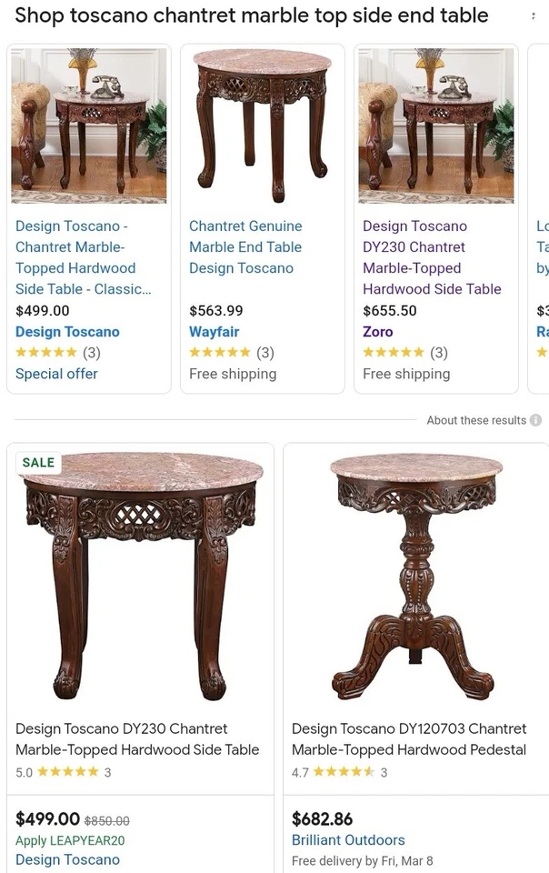 Chantret Rose Marble-Topped Carved Hardwood Side Table: DESIGN TOSCANO Furniture - Image 4 of 4