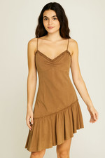 Vtg Unyx Dress Brown Faux Suede Asymmetrical Ruffle Western Goth Whimsy L Y2K