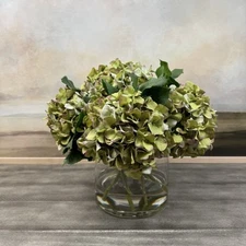 Pottery Barn Faux Green Hydrangea In Glass Clear Vase Flower Arrangement NWOB