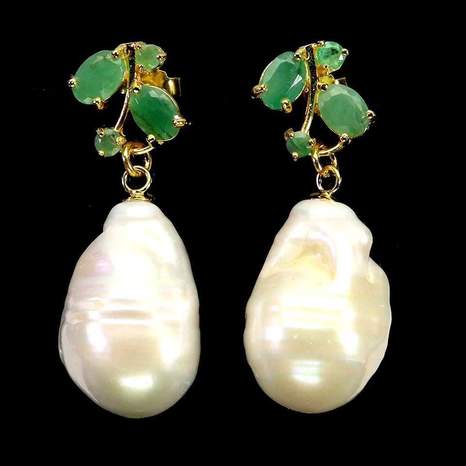 925 Sterling Silver Earrings Oval Emerald Pearl Gemstone No USA Import Fees - Image 2 of 4