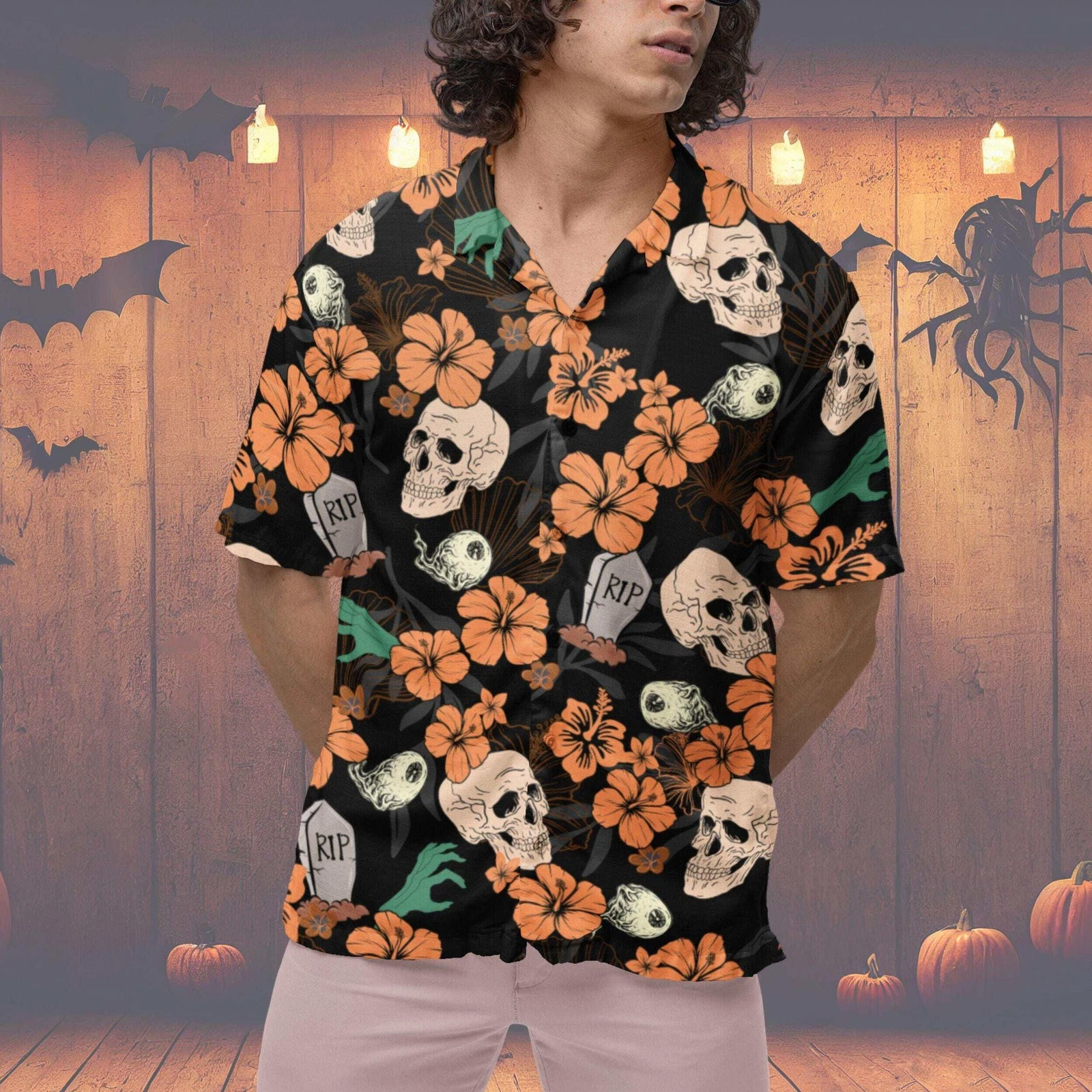 Halloween Hawaiian Skeleton Shirt, Patterned Button-Down for Men