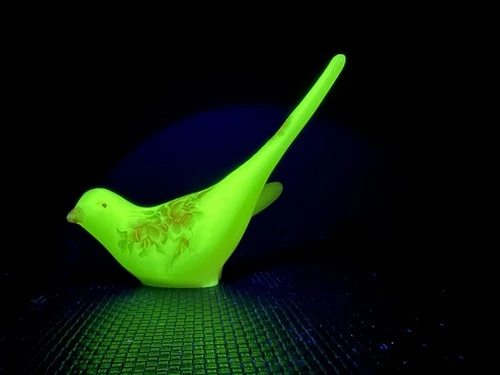 Vintage Fenton Uranium Glass Bird Of Happiness Custard Hand Painted Flowers