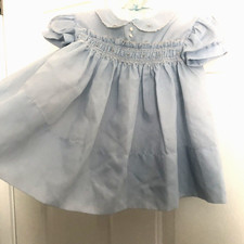 Vtg 3-6 Month Hand Stitched Blue Silky Pink Rosebuds BABY Girl DRESS Smocked S/S