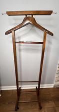 Vintage Wood Valet Butler Stand Rolling Wheels 42  MCM Suit Wardrobe Tie Tray