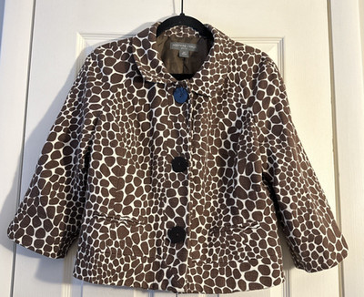 Women s Josephine Chaus Jacket Sz 12P Animal Print Brown Cream Lined 100% Cotton