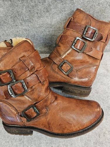 FRYE Vanessa Shearling Lined Strappy Brown Leather Boots Women's 11 Moto Biker