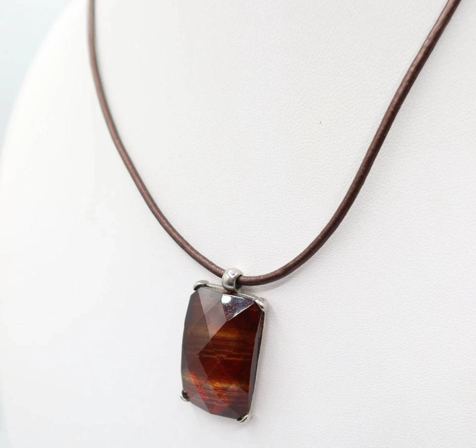 CHICO'S Collar Cordón Colgante Rectángulo Facetado Tono Plata Marrón Boho Foto 3 de 4