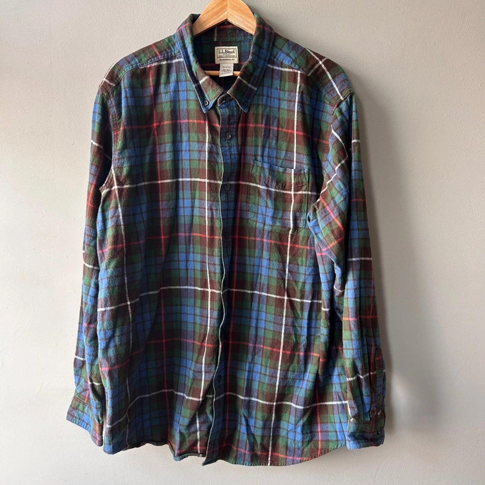 LL Bean Mens Traditional Fit Flannel Plaid Shirt Green Blue XXL