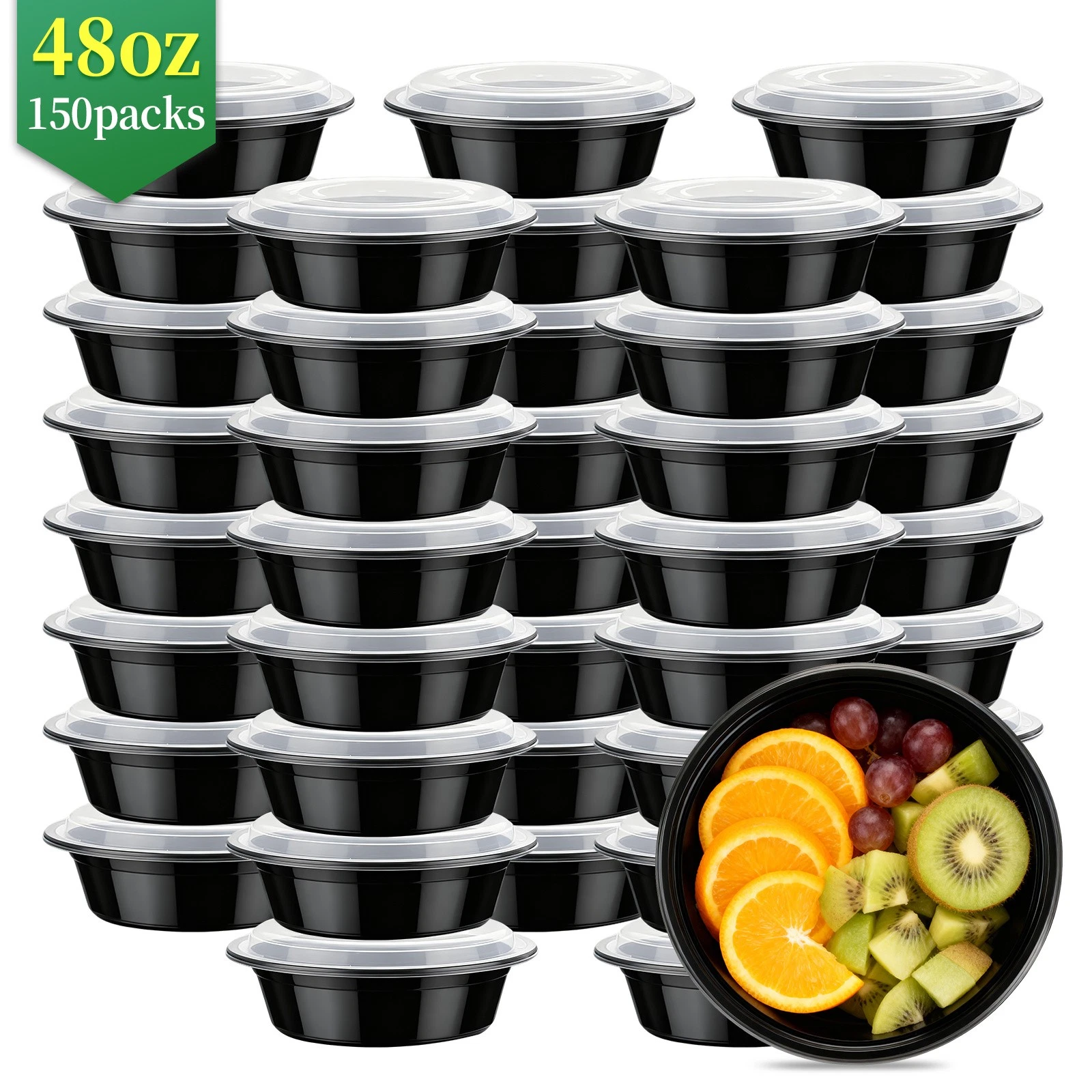 150PCS 48oz Black Round Meal Prep Containers Leakproof Flip Top Lids Set ValuePK