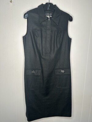 DONNA MORGAN Linen Zip-Up Dress Women's Size 12 Black Sheath Toggle Pockets 