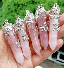 5pcs Rose Quartz stone Rose Pendants Chakra Reiki Healing Amulet Energy