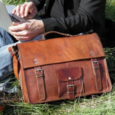 Men's Briefcase Handmade Leather Satchel Messenger Shoulder Brown Bag