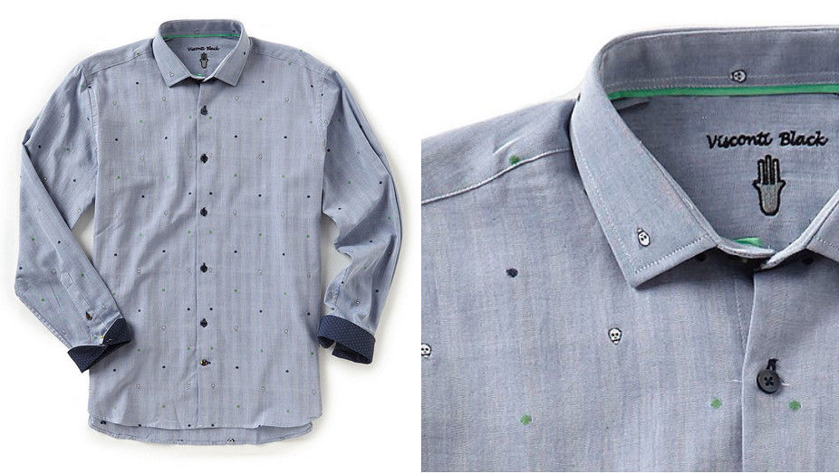 Visconti Black Men's Herringbone Skull Embroidered Long-Sleeve Shirt, Size S-$99