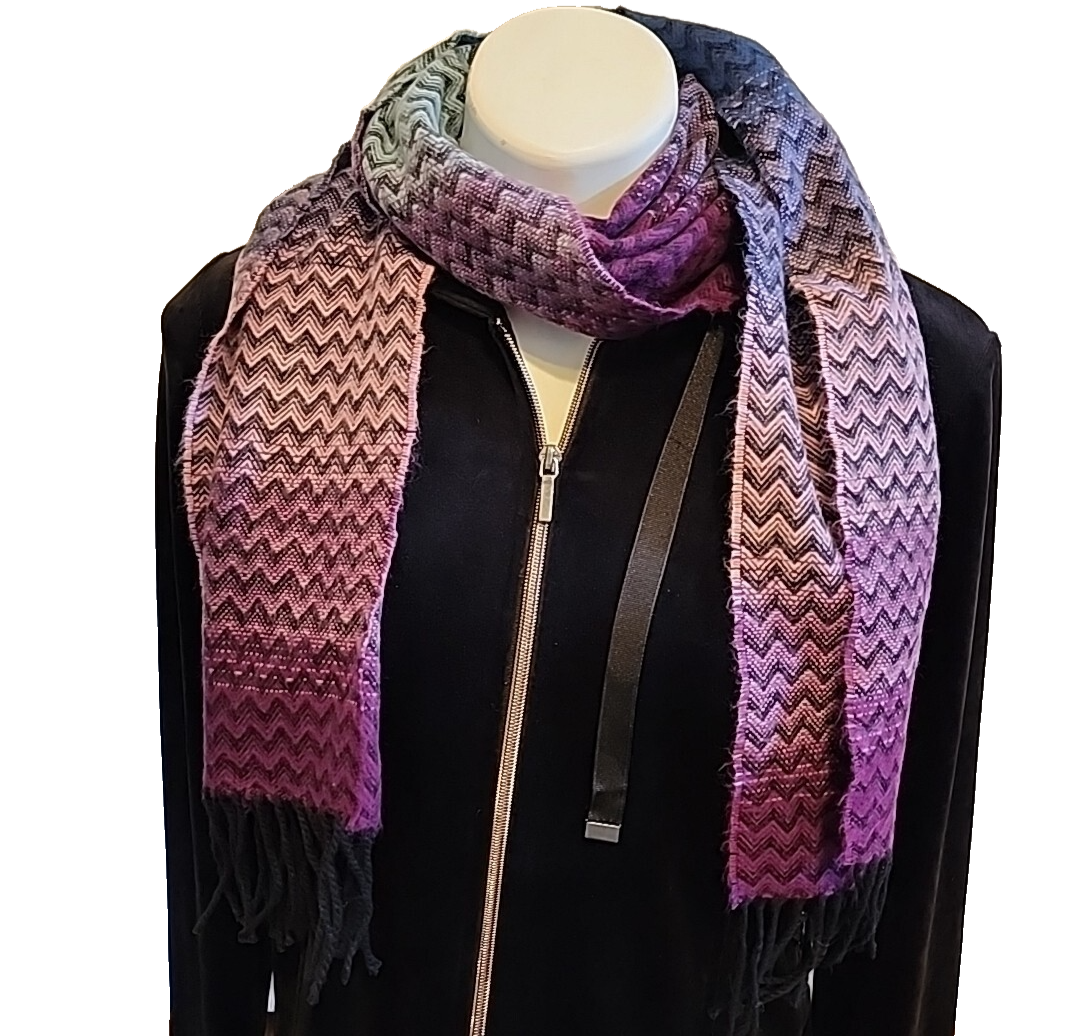 Colorful Chevron Fringe Scarf - Purple Pink Blue Black - 12.5x64 Soft Muffler-image