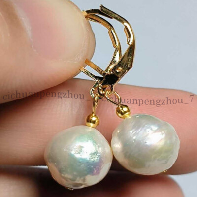 Natural 9-10mm White South Sea Baroque Edison Pearl Dangle Leverback Earrings