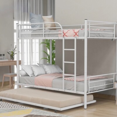 Twin Over Twin Metal Bunk Bed with Trundle, Can Be Converted Into 2 Twin Beds