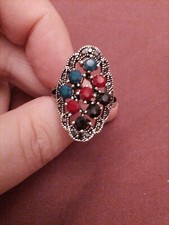 Diagonally Set Red Green And Black Gems With Marcasite Accents On Unknown Metal