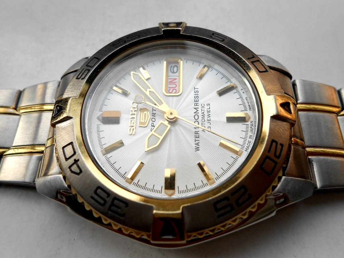RARE VTG SS & GOLD JAPAN 7S36-00Y0 SEIKO 5 SPORTS ROTATING BEZEL AUTOMATIC WATCH