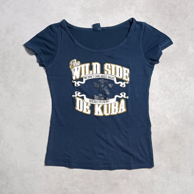 Y2K Print T-Shirt Damen Small Navy Blau Grafik Tee Wildside Sportlich Slim Freizeit