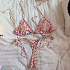 Floral Print Multicolor Triangle Bikini Set Charm Accent Spaghetti Strap 2 Piece