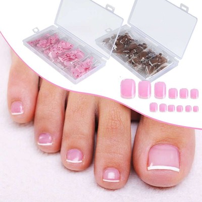 Press on Toe Nails French-tip Fake Toe Nails Square False Toenails for Women