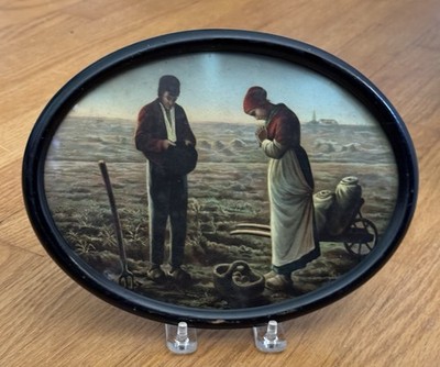 Vintage  The Angelus  Jean-François Millet Religious Rural Scene Oval Wood Frame