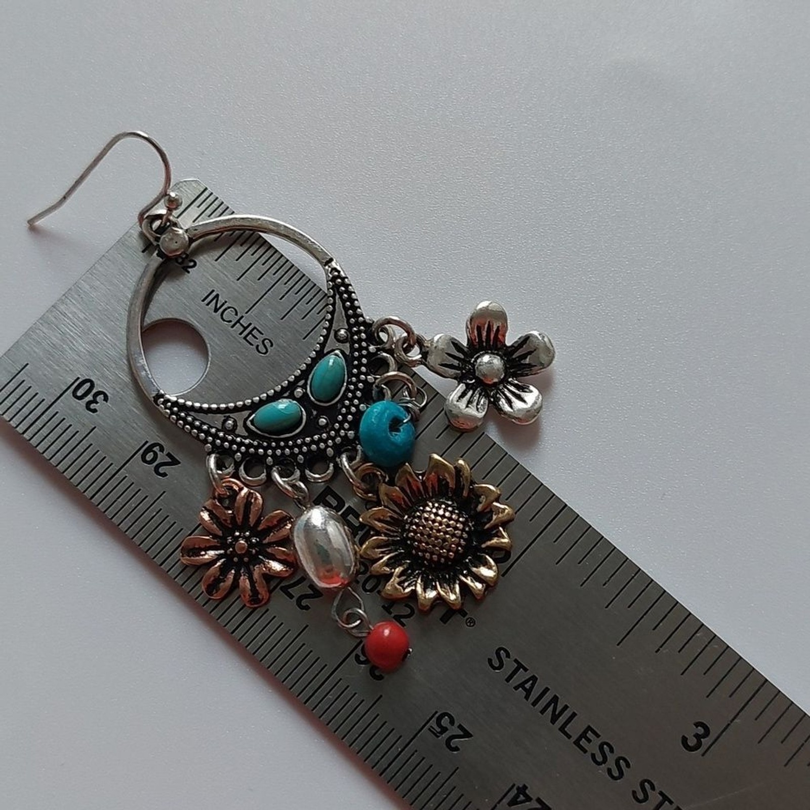 Boho Chic Multi Charm Dangle Earrings Tri Tone Me… - image 5