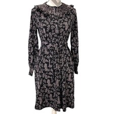 Boden Black Floral Midi Dress Smocked Neckline Button Front Belted Long Sleeve