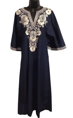 Vintage Dari- Mana Honolulu Maxi Dress Muumuu Blue White Embroidered Floral