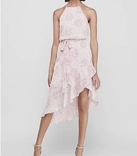 NWT Express Womens Polka Dot Pink White Halter High Low Midi Ruffle Dress Small