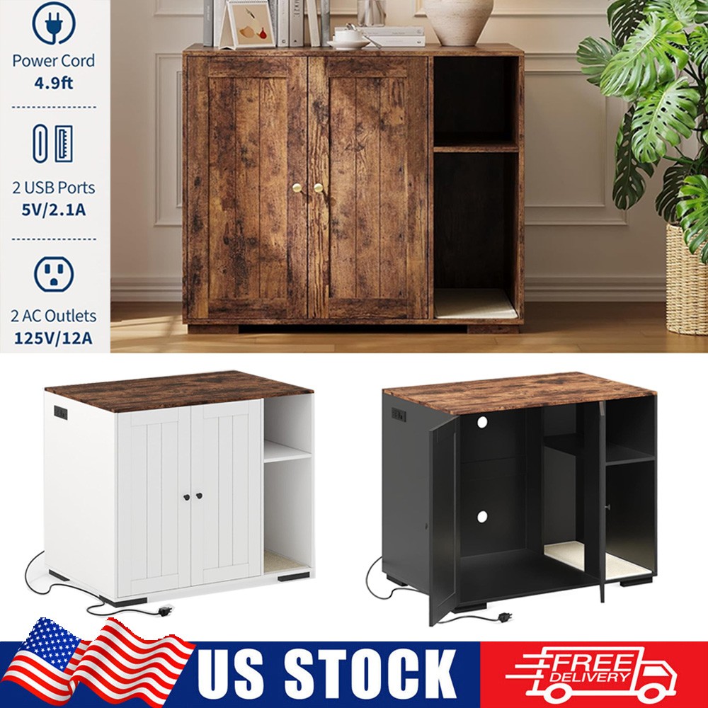 Cat Litter Box Enclosure Cabinet Hidden Litter Box Furniture w/ Charging Station