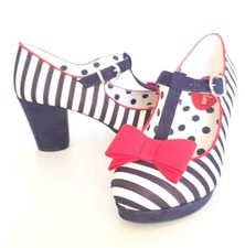 Ruby Shoo "Jazz" Navy Stripe Ladies Platform T-bar Courts Red Contrast UK 5 EU38