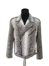 NEW Men's Embossed Snakeskin Biker Python Moto Natural Grey Leather Jacket