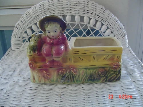 VTG Hull Ceramic Windowsill Girl W/ Puppy On Fence Planter USA Green Pink MCM